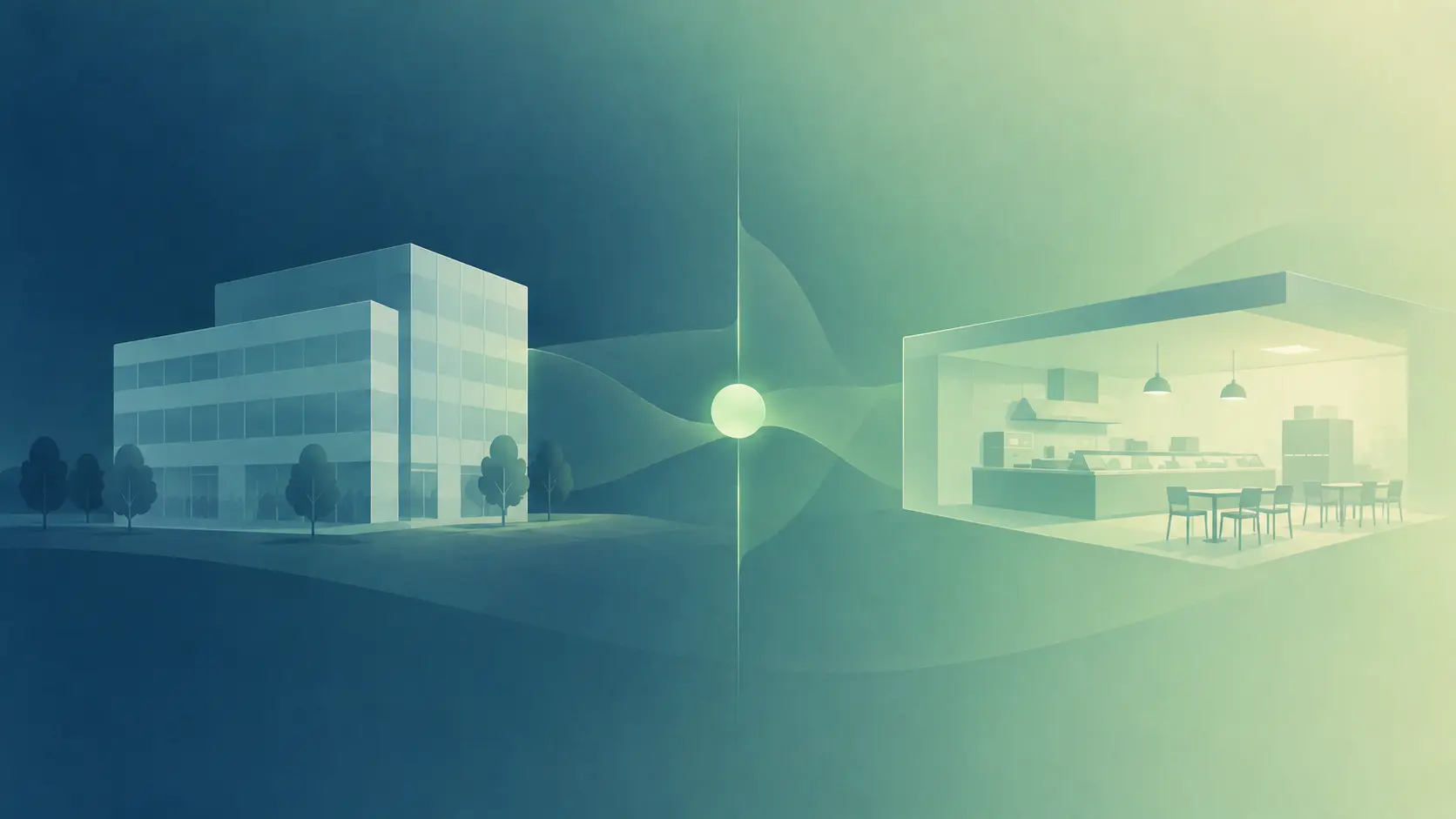Ilustración abstracta de un edificio con un espacio interior separado por una línea y una factura entre ambos